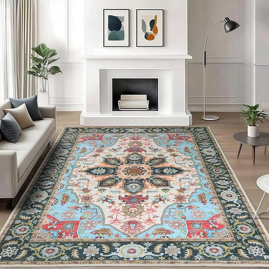 WILLSUN Washable Area Rugs, 5x7 Non-Slip Boho Large Area Rugs for Living Room, Bedroom, Machine Washable Vintage Rug, Indoor Floral Print Carpet for Home Decor, Kid & Pet Friendly Mat