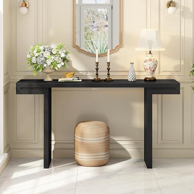 Modern U-Style Console Table, 60-Inch Black MDF Entryway Table with Geometric Design, Painted Finish, Adjustable Feet for Living Room, Hallway, 60 x 15.7 x 31.7 Inches