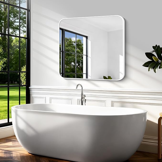 BONEWEI White Bathroom Mirror,36x40 inch Wall Mirror for Bathroom Wall Mounted,Rectangle Mirror for Bathroom Over Sink,Modern Frame Round Corner for Living Room,Bedroom Entryway,Horizontal/Vertical