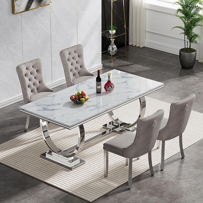 Goujxcy 5 Piece Marble Dining Table Set for 4, Luxury 70" White Marble Silver Kitchen Table with 4 Grey Velvet Upholstered Chairs, Modern 4 Person Dining Room Table Set for Kicken Dining Office Room