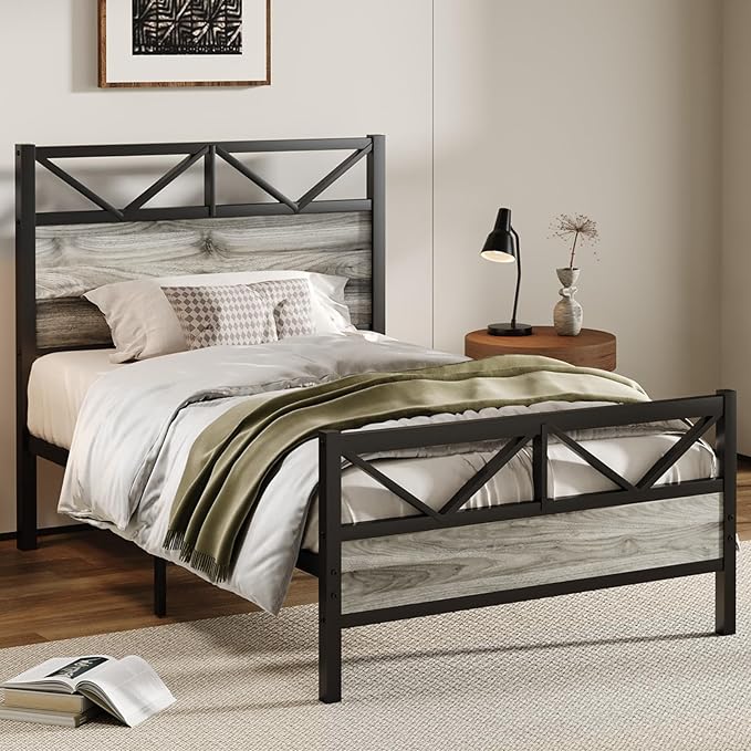 Twin Size Bed Frame with 51.2" Tall Headboard and Footboard, Platform Bed Frame with Metal Support, Solid and Stable, Noise Free, No Box Spring Needed, Wash Grey