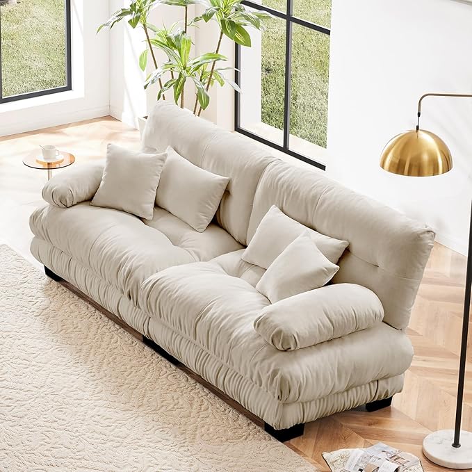94.4” Loveseat Sofa, 2 Seater Modular Sectional Sofa, Beige Large Sectional Fluffy Couch Set, Chenille Cloud Couch with 4 Pillows, Deep Seat Sofas for Living Room