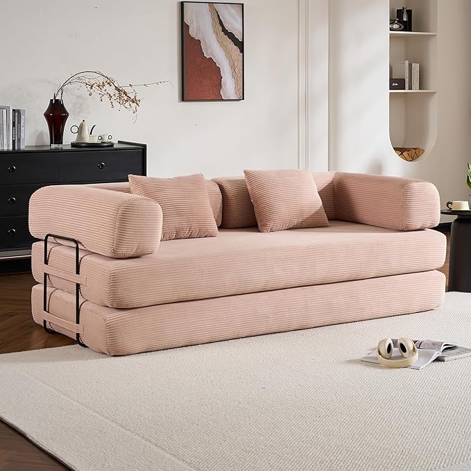 Convertible Folding Couch Bed, Comfy Corduroy Sleeper Floor Sofa Bed with Fixed-Shape Frame, Floor Sofa with Armrest, Lounge Couch for Living Room Bedroom Lounge Studio,Pale Pink