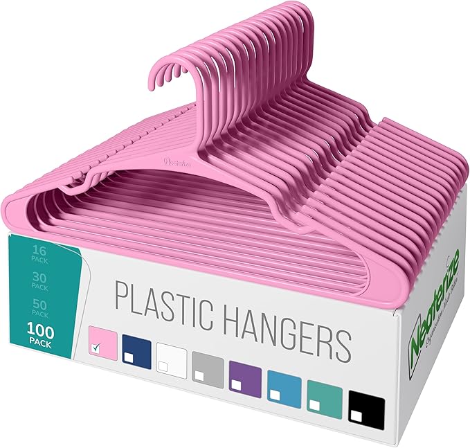 NEATERIZE Clothes Hangers Plastic 100 Pack for Adults - Plastic Hangers, The Perfect Coat Hanger and Space Saving Clothes Hangers for Closet, Percheros Ganchos para Colgar Ropa Hangars - Pink Hangers