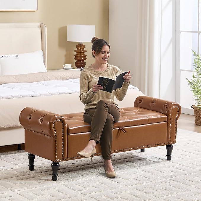 Storage Bench for Bedroom, 51" Upholstered End of Bed Bench, Faux Leather Queen Size Benches with Rolled Arms, Tufted Button Storage Long Ottoman, Living Room, Entryway, Brown