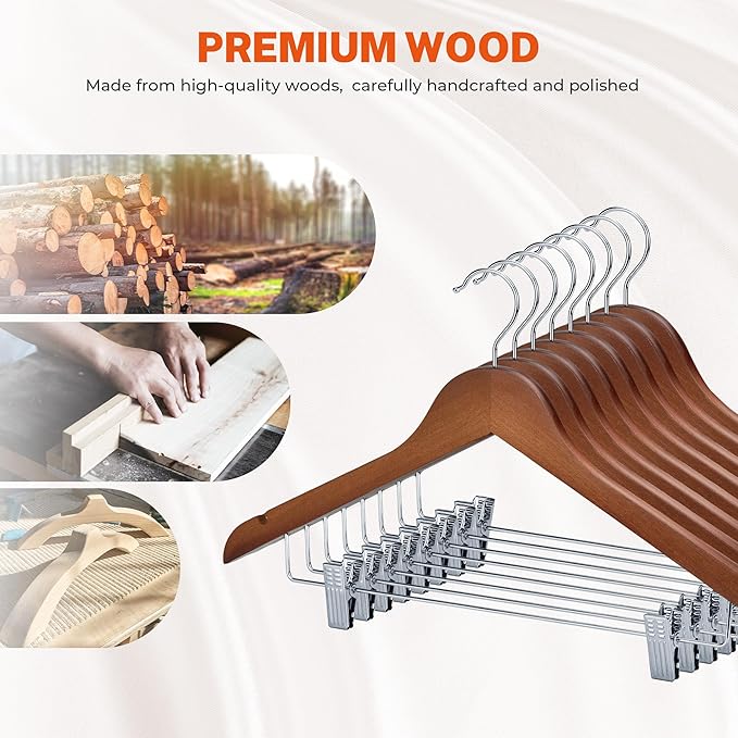 HOUSE DAY Wooden Hangers with Clips 12 Pack, Heavy Duty Walnut Wood Pants Hanger, Premium Skirt Hanger with Adjustable Clips, Solid Clip Hangers for Suit, Blouse, Dress, Coat, Jacket, Bottom