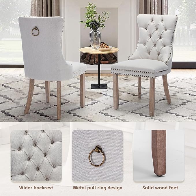 SoarFlash Kitchen Table and Chairs for 2, 31.5" Dining Table Set for 2 with Linen Upholstered Chairs, 3 Piece Round Kitchen Table Set, Dining Room Table Set for Small Space, Apartment, Beige/White