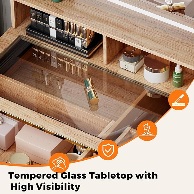 57“Makeup Vanity Desk with Mirror and Lights, Vanity Desk with 5 Drawers & Storage Shelves, Vanity Table with Power Outlet, 3 Color Modes & Adjustable Brightness Dressing Table, Bedroom,Oak