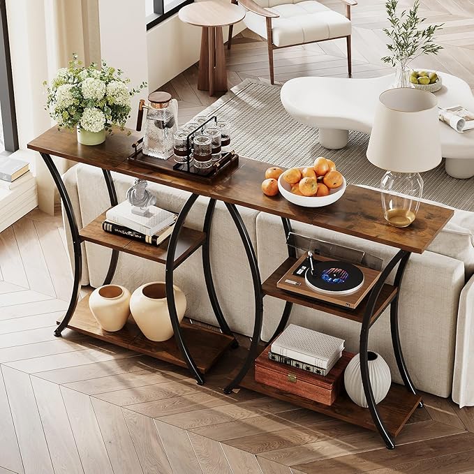 Rustic 3-Tier Console Table with Open Shelves Narrow Entryway Table with Curved Metal Frame Slim Sofa Table for Hallway Living Room or Foyer (Rustic Brown)