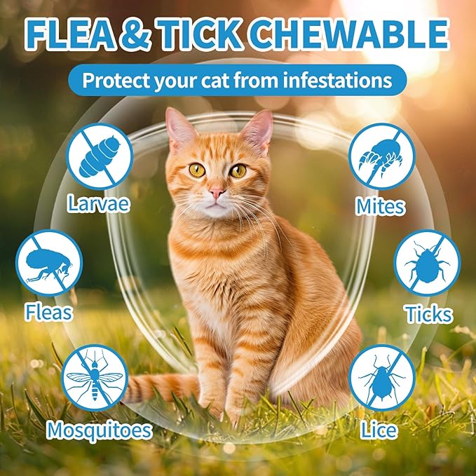Cat Flea and Tick Chewable 230ct, Oral Flea and Tick Chews Supplement, Skin & Coat Support for Cats, Kittens, All Breeds & Sizes