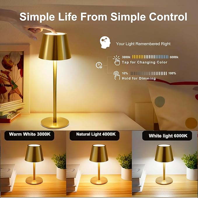 2 Pack Gold Cordless Table Lamp Rechargeable, Metal Small Bedside Table Lamp with 3 Adjustable Pole, 5400mAh Battery Operated Touch Lamp for Bedroom Kitchen Dining Waterproof & Portable