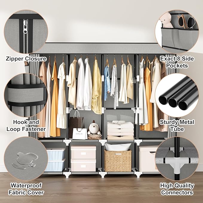 Portable Closet for Hanging Clothes, 67 Inch Wide Portable Wardrobe Closet with Cover, 4 Hanging Rod, Storage Shelves and Side Pockets, Large Free Standing Closet for Bedroom, Grey