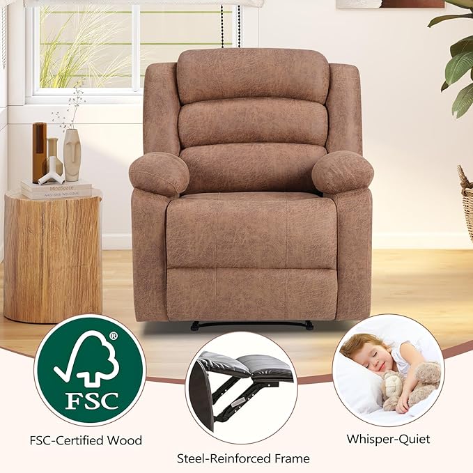 ANJ Manual Recliner Chair Set of 2, Breathable Faux Leather Reclining Chairs with Overstuffed Arm and Back, Living Room Single Sofa Recliners