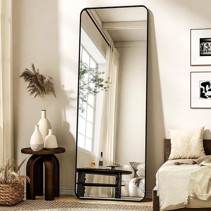 56"x21" Floor Full Length Mirror Standing Full Body Rounded Corner Rectangle Mirrors with Stand Hanging Wall Mounted Leaning Bedroom Living Room Bedroom Cloakroom,Black