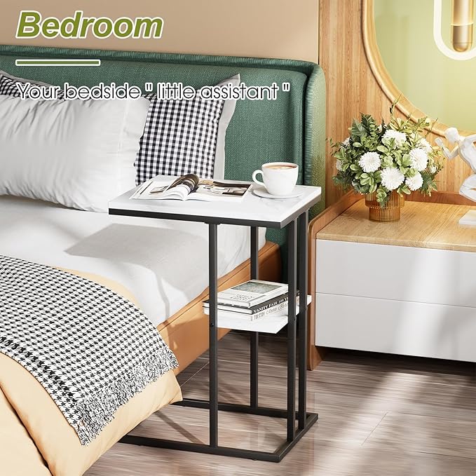 C Shaped End Side Table, Couch Sofa Table for Small Space, Black Snack Table with Metal Frame, TV Tray Table for Bed, Living Room, Bedroom, Bedside(White Marble)