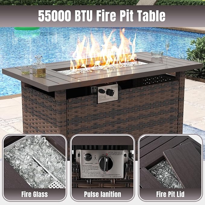 Aoxun 13 Pieces Patio Furniture Set with 44” Fire Pit Table Wicker Rattan Outdoor Sectional Conversation Set with Coffee Table and 4” Thickened Cushions, Gray(Waterproof Cover Included)
