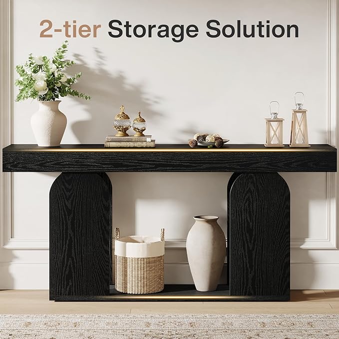 Tribesigns 70.9-Inch Extra Long Sofa Table, Farmhouse Console Tables with Wood Frame and Storage Shelf, 2-Tier Wood Table Behind Couch for Living Room, Hallway, Foyer, Black