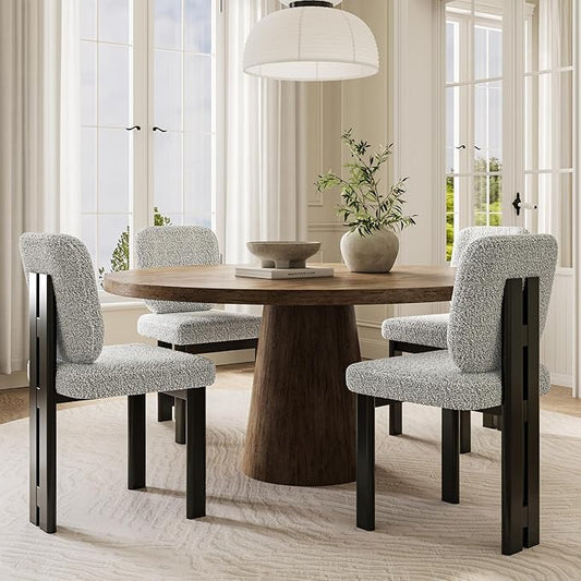 Modern Boucle Dining Chairs Set of 4, Farmhouse Sherpa Upholstered Wooden Kitchen Chairs with Back, Side Armless Dining Room Chairs with Wood Legs for Kitchen Restaurant, Gray