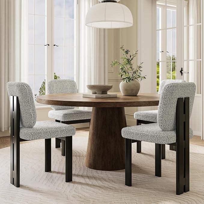 Modern Boucle Dining Chairs Set of 2, Farmhouse Sherpa Upholstered Wooden Kitchen Chairs with Back, Side Armless Dining Room Chairs with Brown Wood Legs for Kitchen Restaurant, Gray