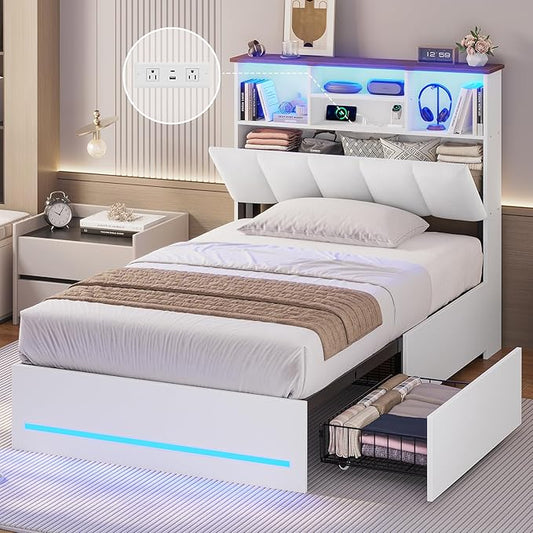 AOGLLATI Twin Bed Frame with 4 Storage Drawers & Charging Station & LED Lights, Twin Bed Frames with Stylish Bookcase Headboard, Led Bed Frame with Metal Slats, No Box Spring Needed,White