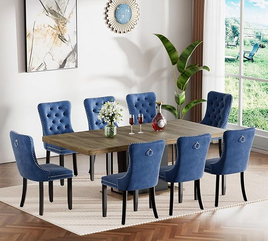 Goujxcy 78.7" Farmhouse Extendable Dining Room Table Set for 8, 9-Piece Rectangle Kitchen Dining Room Table Set with Wood Base and 8 Blue Velvet Dining Chairs, Extending Kitchen & Dining Table Set