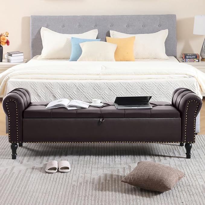 Faux Leather Storage Bench 67 Inch Upholstered Tufted Ottoman Bench with Arms Large Storage Space King Size End of Bed Bench for Bedroom Living Room Entryway Whiskey Coffee