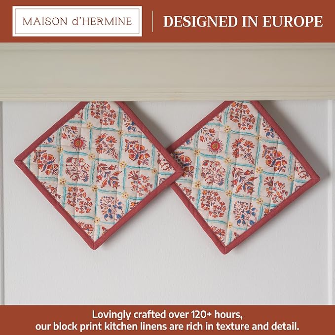 Maison d' Hermine Pot Holders Set 100% Cotton Heat Resistant Potholders 8" x 8" Hot Pads with Loop for Thanksgiving Christmas Decorations BBQ Cooking Baking Handling Hot Pans (Pack of 2, Romane)