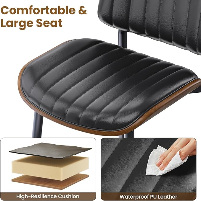 Dining Chairs Set of 6, FSC Certified Mid Century Modern Dining Room Kitchen Chairs, Upholstered PU Leather Vertical Stripe Chairs for Vanity with Walnut Bentwood and Metal Legs, Black