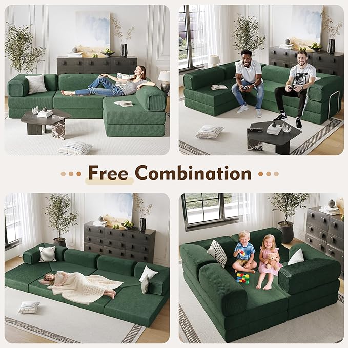 108" L Shaped Couch, Modular Sectional Sofa with Chaise, Cloud Boneless Couch with Deep Seat & Removable Pillow for Living Room, Bedroom,No Assembly Required（Dark Green）