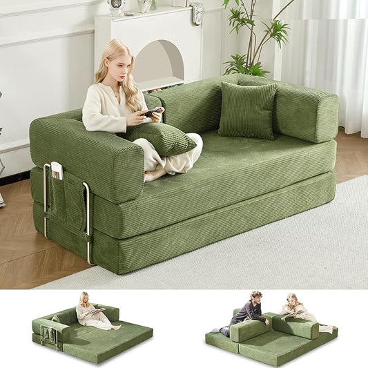 Folding Sofa Bed Convertable Corduroy Couch King Size Floor Sleeper 4-in-1 DIY Combination Modular Sofa Fold Out Futon Lounge Comfy Foldable Lazy cama for Living Room (Green, 70.86")