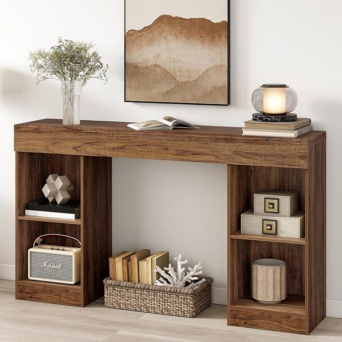 55 Inches Console Table,4 Cubes Narrow Entryway Table,3 Tier Wood Behind Couch Sofa Table,TV Console with Storage for Living Room,Hallway,Entrance,Foyer (Striped Brown)