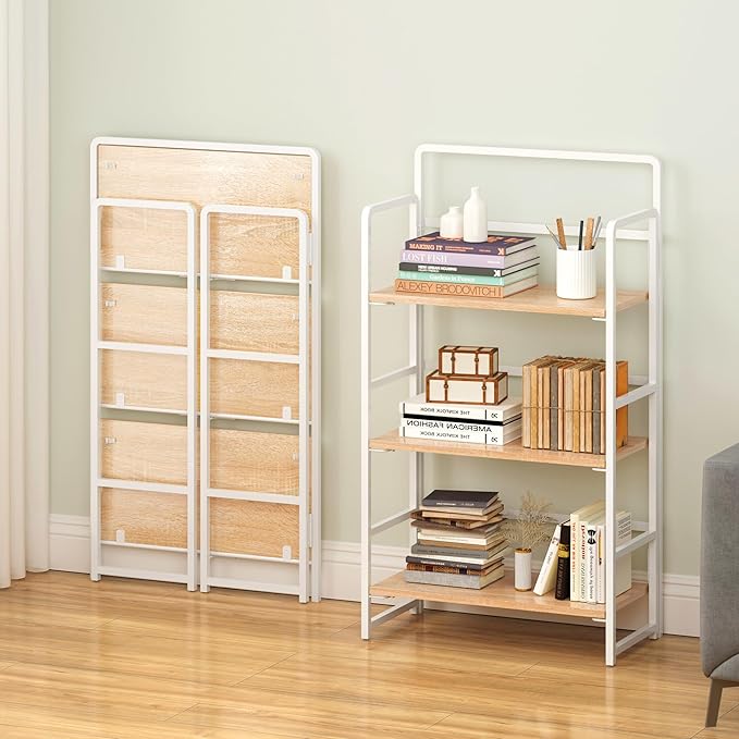 4NM No Assembly Folding Bookshelf, 3-Shelf 42.1" H Collapsible Foldable Bookcase Storage for Small Spaces, Natural White