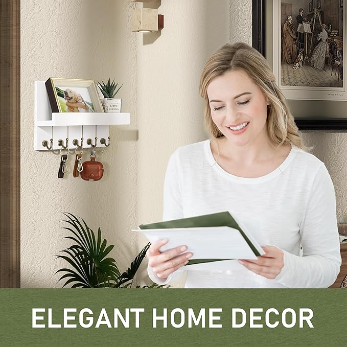 Rebee Vision Key Holder for Wall - Decorative Mail Organizer Wall Mount with 5 Key Hooks for Modern Farmhouse Apartment Essentials - Home Decor for Living Room (Rustic White, 3.54"D x 10"W x 7.28"H)