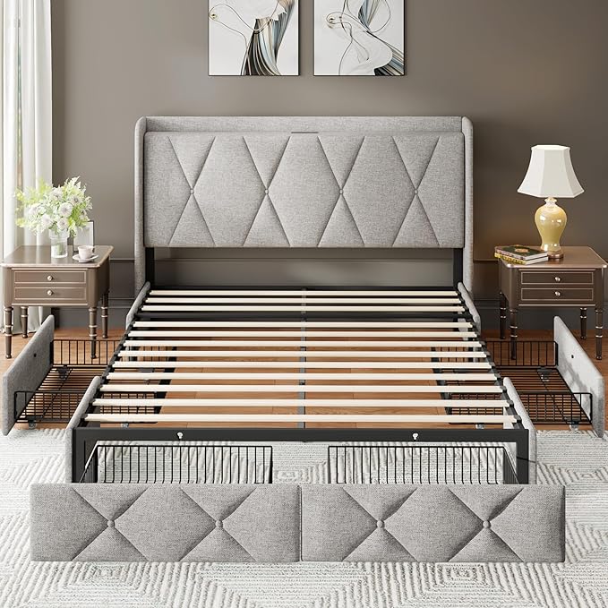 Feonase Full Bed Frame with 4 Storage Drawers, Upholstered Button Tufted Storage Headboard with Fast Charging Station, Heavy Duty Slats Support, No Box Spring Needed, Noise-Free, Light Grey