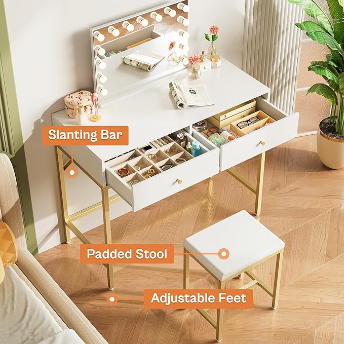 SUPERJARE 31.5" White and Gold Desk with 2 Drawers, Modern Makeup Vanity with Padded Stool, Small Computer Desk Home Office Desk for Writing Study Bedroom