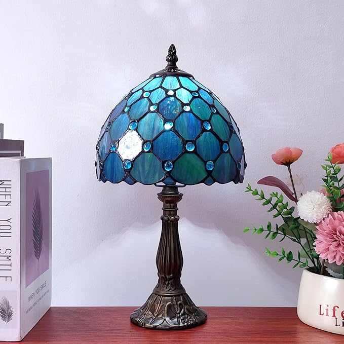 Small Tiffany Table Lamp 8 Inch Blue Pearls Style Tiffany Style Stained Glass Antique Light Bedroom Bedside Lamp Retro Reading Light