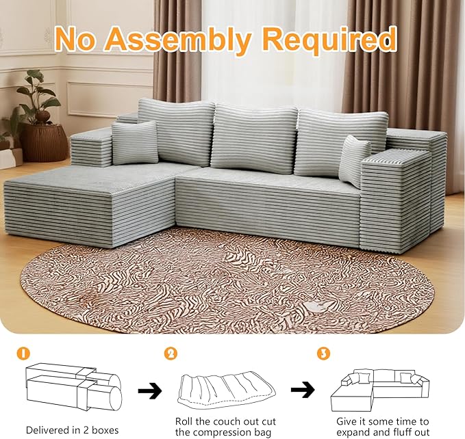 106''Boneless Couches for Living Room, L Shaped Modular Sectional Sofa with Chaise Lounge, Faux Rabbit Fur & Layered Cushion Deep Seat Cloud Couch, No Assembly (Grey, Left Facing Chaise)