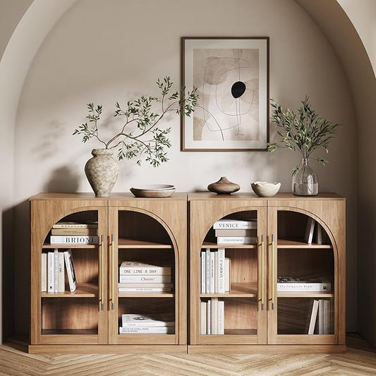 BELLEZE Set of 2 Modular Sideboard with Arched Glass Door, Accent Display Buffet Cabinet with Storage and Adjustable Shelves,Classic Modern Credenza for Dining Room Living Room Entryway (Camel)