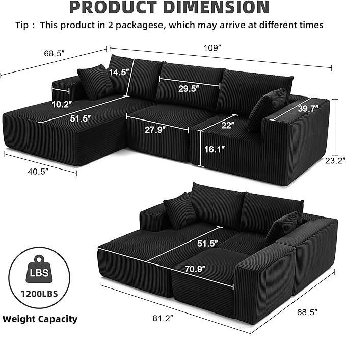 108” Modular Sectional Sofa, Cloud Sectional Couch with Deep Seat, Modern Modular L-Shape Sofa Couch with Chaise,Upholstered Boneless Couches for Living Room Bedroom (Black, Left Facing Chaise)