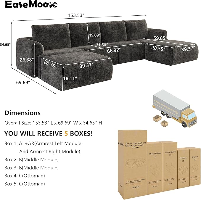 EASE MOOSE Boneless Modular Cloud Couch, Oversized U-Shaped Sectional Sofa for Living Room with Ottoman, Extra Large Movable Couches, 6-Deep-Seat Sofas for Bedroom, Apartment, Chenille (Dark Grey)
