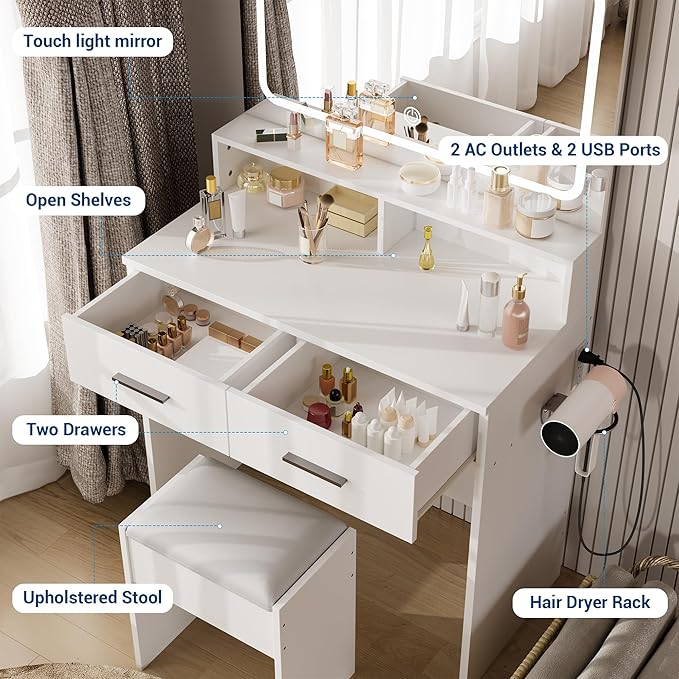 GarveeHome Vanity Desk with Mirror and Lights, 3 Color Modes Makeup Vanity with Cushioned Stool, 2 Drawers & Charging Station, Modern Dressing Table for Bedroom, Makeup Studio, White
