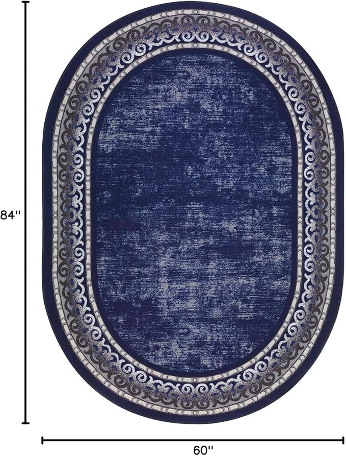 Antep Rugs Alfombras Bordered Modern 5x7 Non-Slip (Non-Skid) Low Pile Rubber Backing Indoor Area Rug (Navy, 5' x 7' Oval)