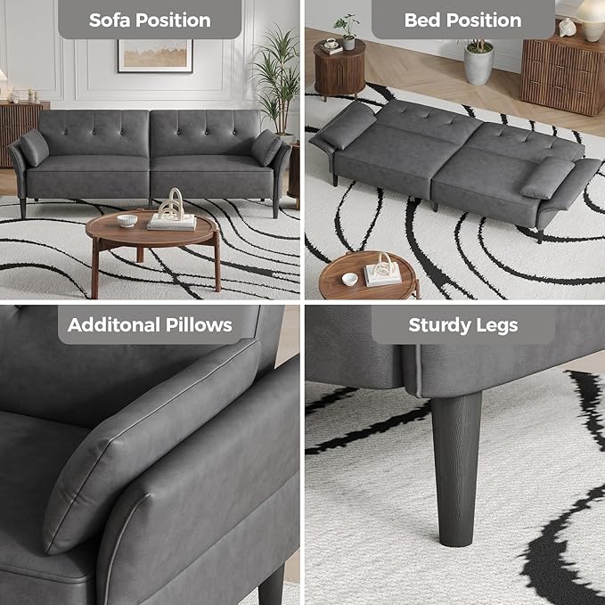 89” Futon Sofa Bed,Futon Couch Bed with 2 Square Pillows,Convertible Sleeper Sofa with Adjustable Backrest& Armrests, Modern Loveseat Sleeper for Living Room, Bedroom,Faux Leather Light Gray