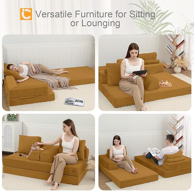 COMAX Convertible Sofa Bed, Folding Floor Couch Corduroy Fold Out Couch Bed Futon Sleeper Mattress with Pillows, Boneless Sofa Comfy Lounge Loveseat for Living Room Bedroom, Yellow