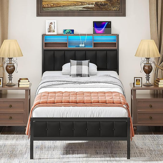 VECELO Farmhouse Metal Bed Frame Twin Size with Wooden Headboard & Footboard, Solid Platform Mattress Foundation with Storage, LED Light, Charging Station, USB Ports, Noise-Free, Easy Assembly, Black