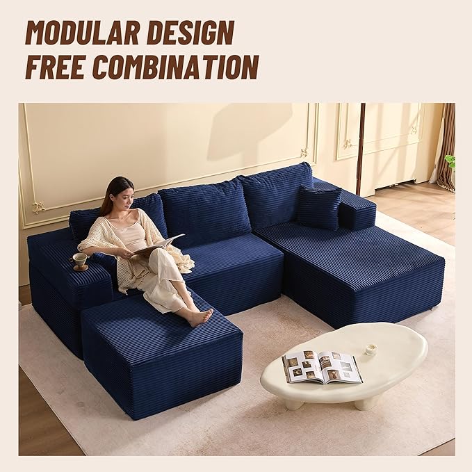 107" Boneless Couch with Deep Seat, Modular Sectional Sofa, Cloud Sectional Couch for Living Room, No Assembly Required, Corduroy, U-Shape 3 Seater Right, Blue
