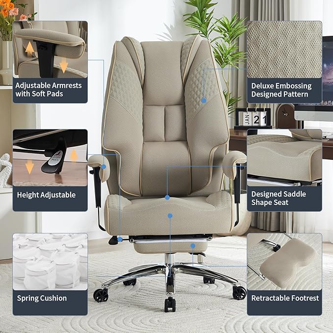 Big and Tall Office Chair 400lbs Wide Seat, Leather High Back Executive Office Chair with Lumbar Support, Ergonomic Chairs Padded Armrests & Thick Cushion (Mesh Beige)