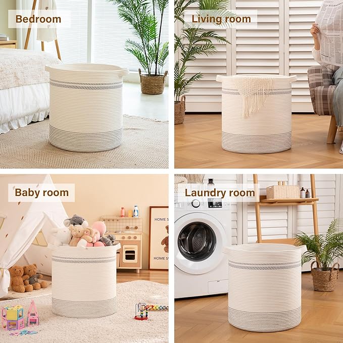 OIAHOMY 80L Laundry Basket, Laundry Hamper, Cotton Rope Storage Basket with Handles, Decorative Woven Basket for Living Room,Storage Baskets for Clothes, Blankets, and Toys -20''×18'', White&Gray