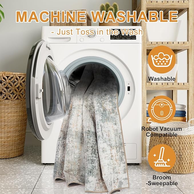 WILLSUN Washable Area Rugs, 3x5 Non-Slip Boho Large Area Rugs for Living Room, Bedroom, Machine Washable Vintage Rug, Indoor Floral Print Carpet for Home Decor, Kid & Pet Friendly Mat