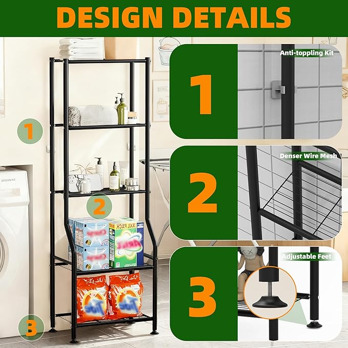 5-Tier Narrow Storage Shelves, 500LBS Total Capacity Metal Wire Rack with Leveling Feet, Rust-Resistant Organizer for Small Space, Kitchen, Bathroom, Garage, Pantry, Laundry Room, Black